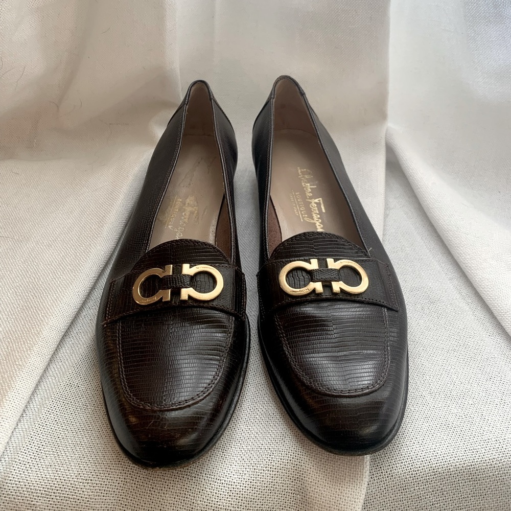 Salvatore Ferragamo | Dark Brown Croc Loafer with Gold Buckle